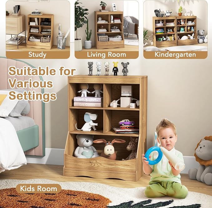HONEY JOY Kids Toy Storage Organizer with Bookcase, 4-Cubby Organization Storage Cabinet w/Display Shelf, Wooden Toy Storage Unit for Playroom, Nursery Daycare (Natural) - Image 7