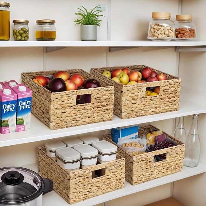Large Square Woven Hyacinth Wicker Pantry Storage Baskets, Set of 4 | 12"x12"x6", Natural, Iron Wire Frame - Image 2