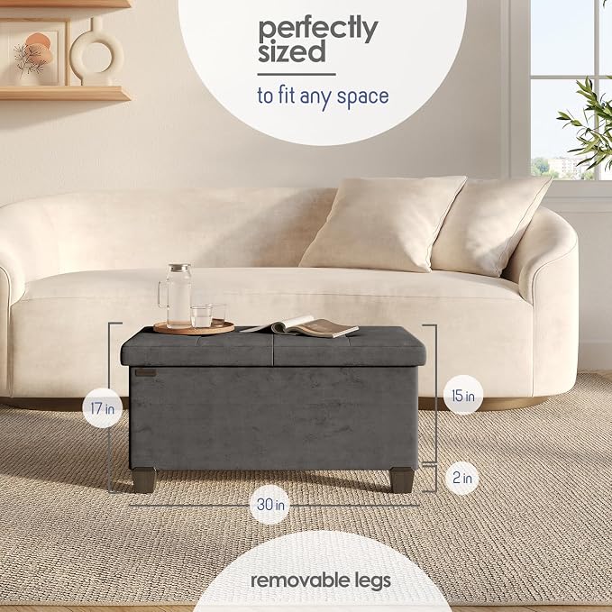 Storage Ottoman Bench with Bins, 30-in Storage Bench for Bedroom End of Bed, Folding Foot Rest Ottoman for Living Room Max 660lbs, Velvet Ottomans, Grey - Image 3