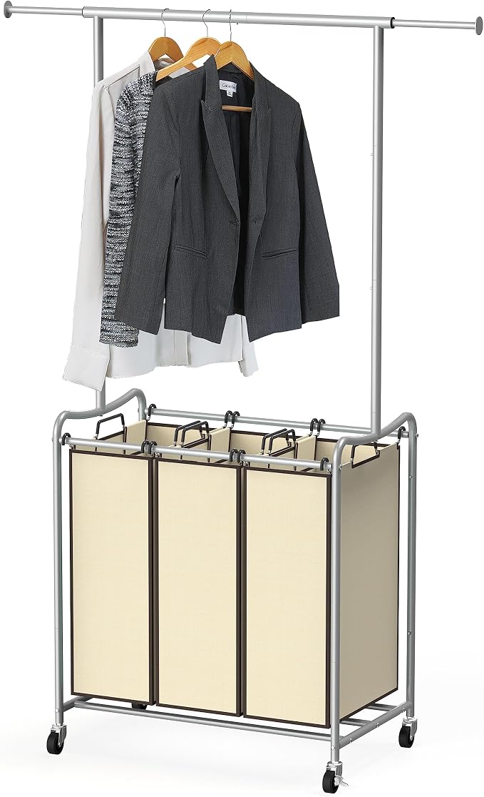 Deco Brothers Heavy Duty 3 Bags Laundry Sorter Cart with Hanging Bar, Beige | Extendable Hanging Rod by DecoBrothers