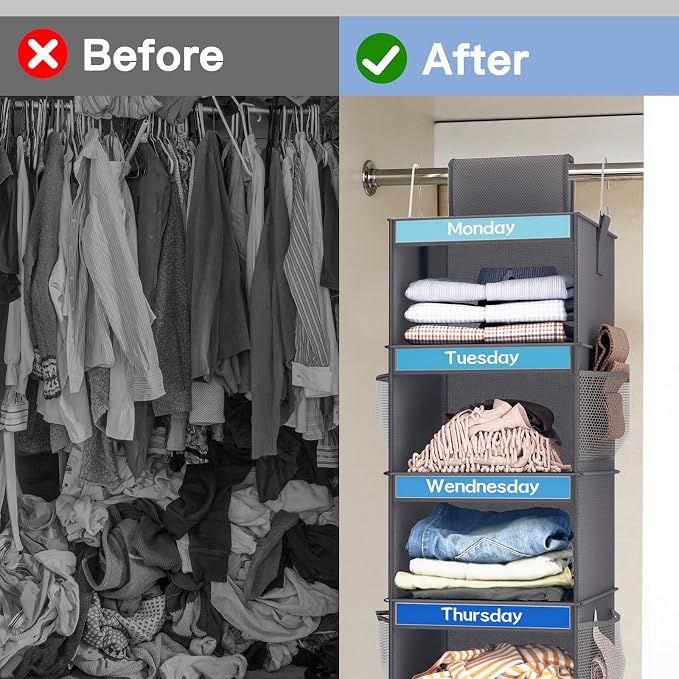 Fixwal Weekly Kids Clothes Organizer 2 Pack 6-Shelf Hanging Storage | Nonwoven Fabric, 6 Daily Shelves, 6 Mesh Side Pockets, 2 Metal Hooks, Foldable Design, for Kids Outfits and Accessories - Image 7