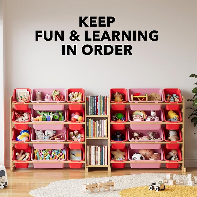 SpaceAid Large Toy Storage Organizer with 24 Bins and 3 Shelves, Toy Organizers Storage Bookshelf, Kids Bin Shelf Box Bookcase for Bedroom Playroom Organization Room Decor, Red and Pink - Image 6