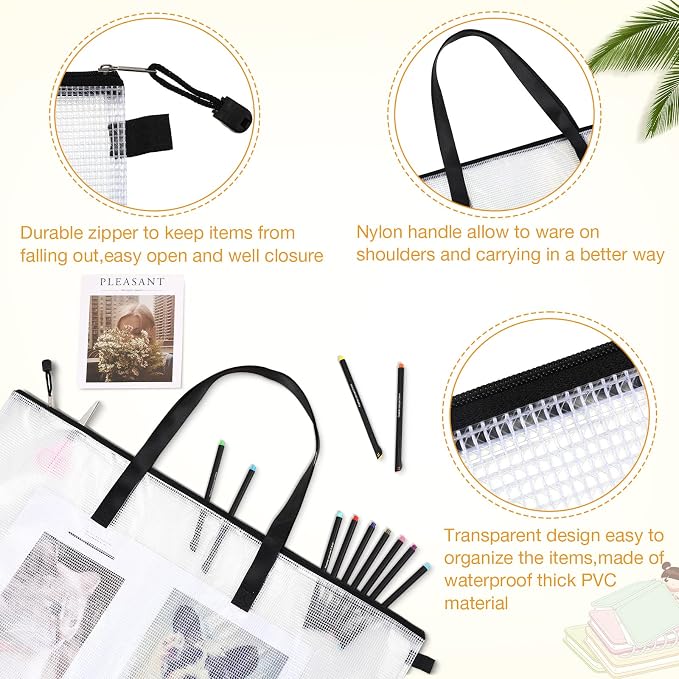 20 Pcs Art Portfolio Bag, 19'' x 25'' Clear Portfolio Folder for Artwork with Zipper and Handle A4 Pencil Bag 9'' x 13'' Plastic Mesh Zipper Pouch for Large Posters Artwork Bulletin Boards Painting - Image 3