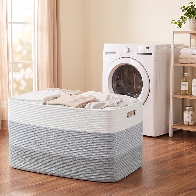 OIAHOMY 108L Super Large Blanket Basket, 25”x16”x16”(108L) Rectangle Woven Baskets for Storage, Cotton Rope Basket For Living Room, Toy Storage with Handle - Gradient Grey | Rectangle Woven Baskets for Storage Cotton Rope Basket For Living Room Toy Sto... - Image 6