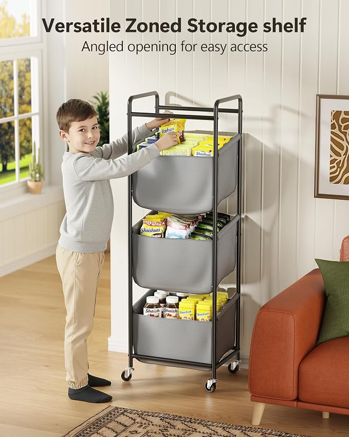 3 Section Laundry Sorter with Removable Bags, 120L Rolling Vertical Laundry Hamper, Stackable Laundry Baskets organizer for Bathroom, Apartment, Dorm (Gray, With Wheel) - Image 7
