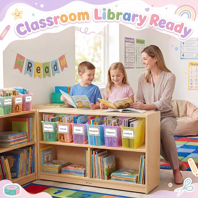 Blosssound 6 Set Book Bins for Classroom Stackable,Translucent Pastel | Plastic Baskets with Labels, Slanted Front, Library Supplies Organizers, Desktop Storage Bins, Teachers Home School Use - Image 4