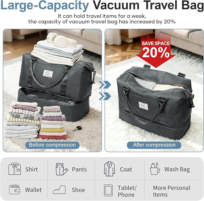 Weekender Bags for Women,Vacuum Overnight Travel Duffel Bag | Compression Pocket & Air Pump, Personal Item Travel Bag - Image 3