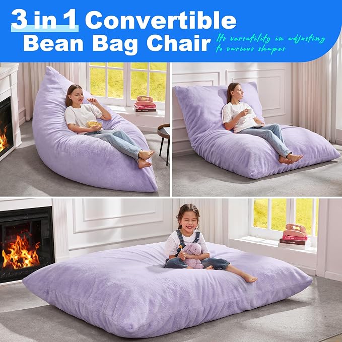 Hobestluk Adult Bean Bag Chair 3 in 1 Convertible Large Bean Bag Sofa | Plush Purple,Machine Washable,Removable Cover,Easy Convert And Install, Floor Bed,For Livingroom Bedroom - Image 4