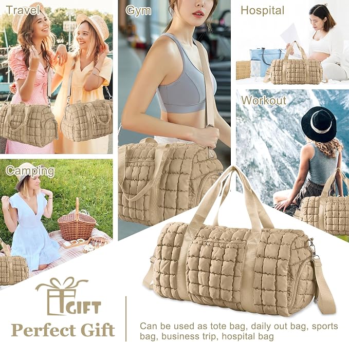 Quilted Travel Duffle Bag Gym Bag for Women,Large Puffer Duffle Weekender Bag with Compartment,Workout Overnight Carry on Organizer Bag Duffle Bag for Airplane Travel(Khaki) - Image 7