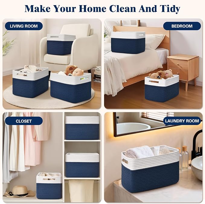 Storage Baskets for Organizing, 4 Pack Baskets for Shelves, Decorative Storage Bins for Shelves, Cotton Rope Storage Basket with Handles, Woven Basket for Storage, 13''Lx8.7''Wx7.9''H, White & Blue - Image 6