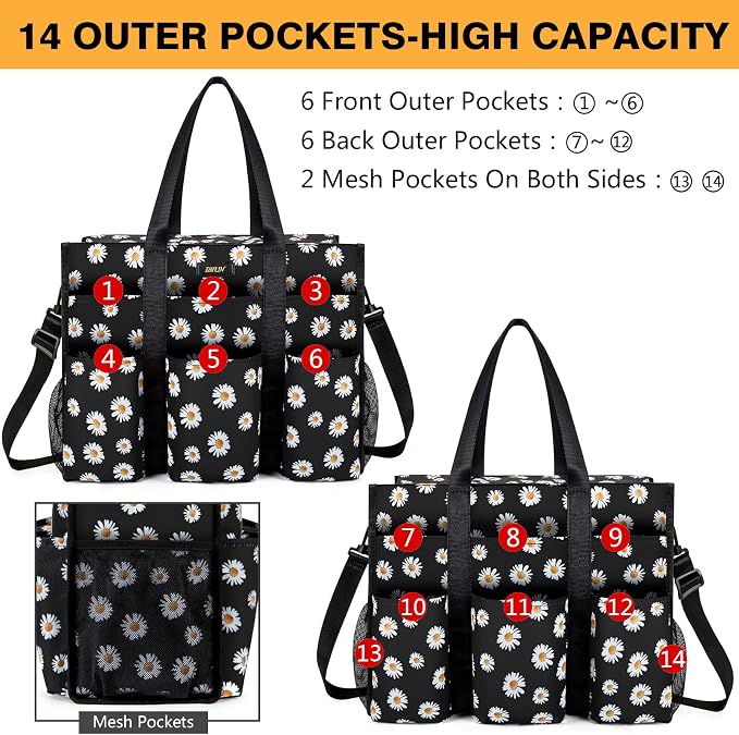 IBFUN Utility Tote Bag with 24 Pockets, Large Teacher Travel Tote for Women | Large Work Tote Bag 2pcs with Zipper for Travel Daily School Teacher Nurse, Large Lightweight Laptop Shoulder Bag Handbag - Image 4