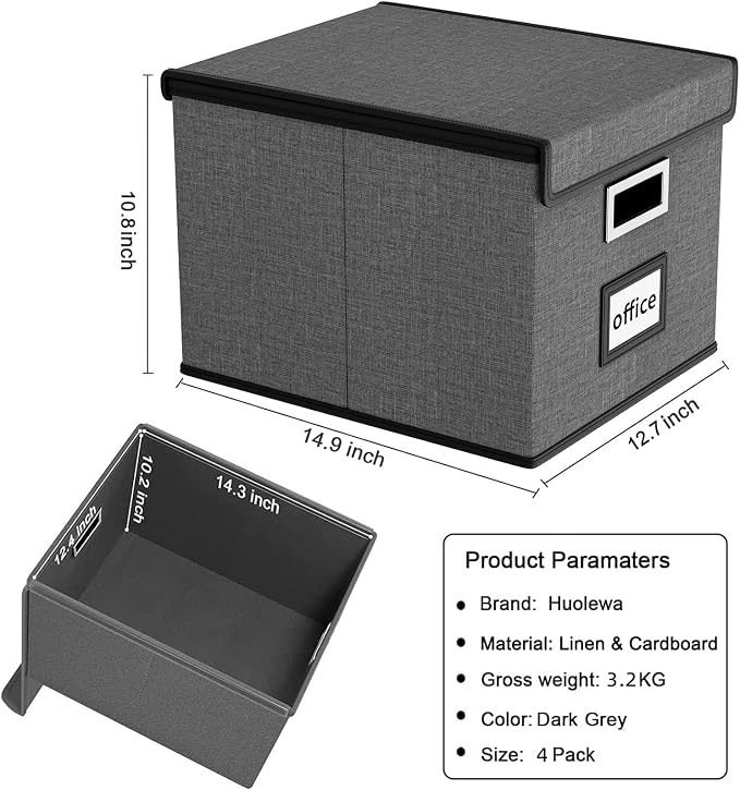 File Organizer Box with Lids, Collapsible File Folder Organizer | File Box with Plastic Slides for Document, Filing Bin for Letter Size Hanging File Folders (4 Pack, Dark Gray) - Image 6