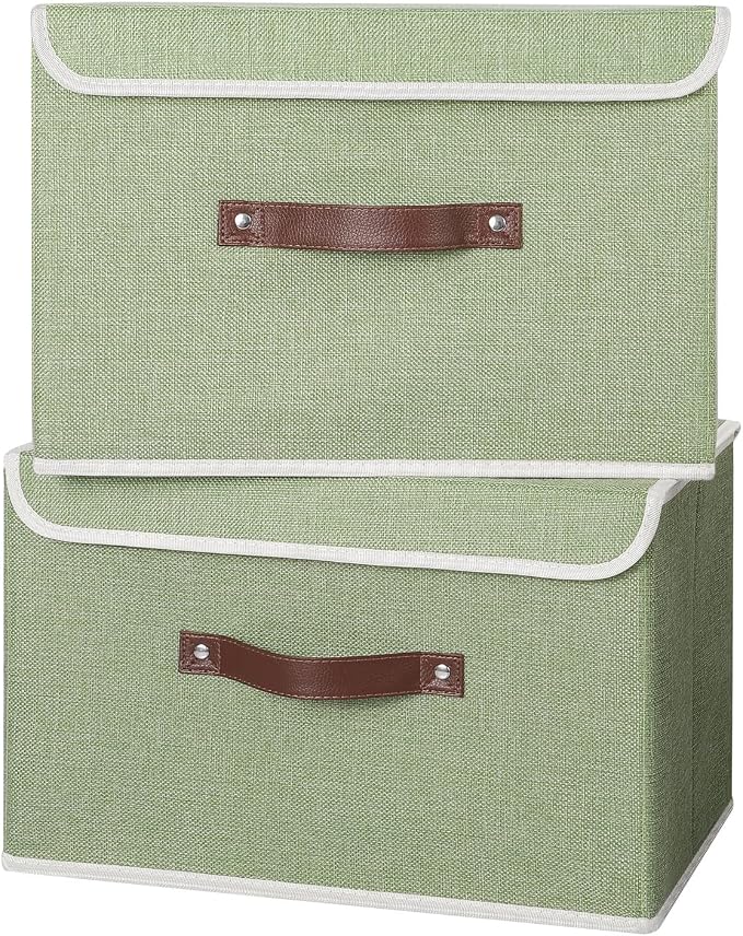 ANMINY Fabric Storage Box Bins with Lids, Green, 15"x10"x10", 4 Pack | Keepsake Memory Storage, Cotton Linen, PP Board Reinforced, Washable, PU Handles, Foldable & Stackable, Decorative, Large - Image 5