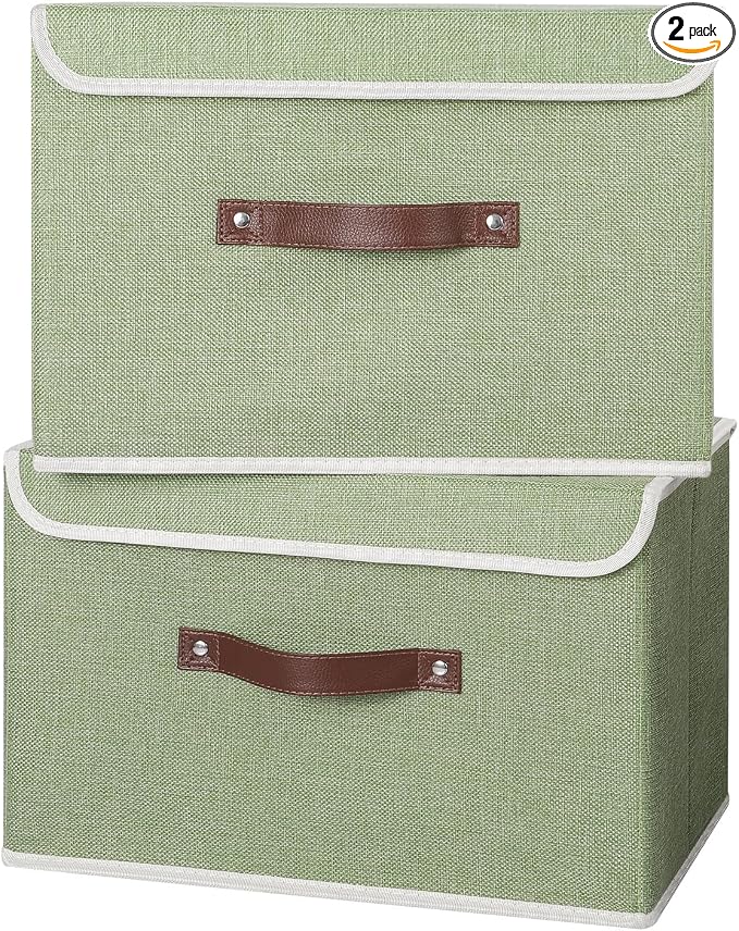 ANMINY Fabric Storage Box Bins with Lids, Green, 15"x10"x10", 2 Pack | Keepsake Memory Storage, Cotton Linen, PP Board Reinforced, Washable, PU Handles, Foldable & Stackable, Decorative, Large by ANMINY
