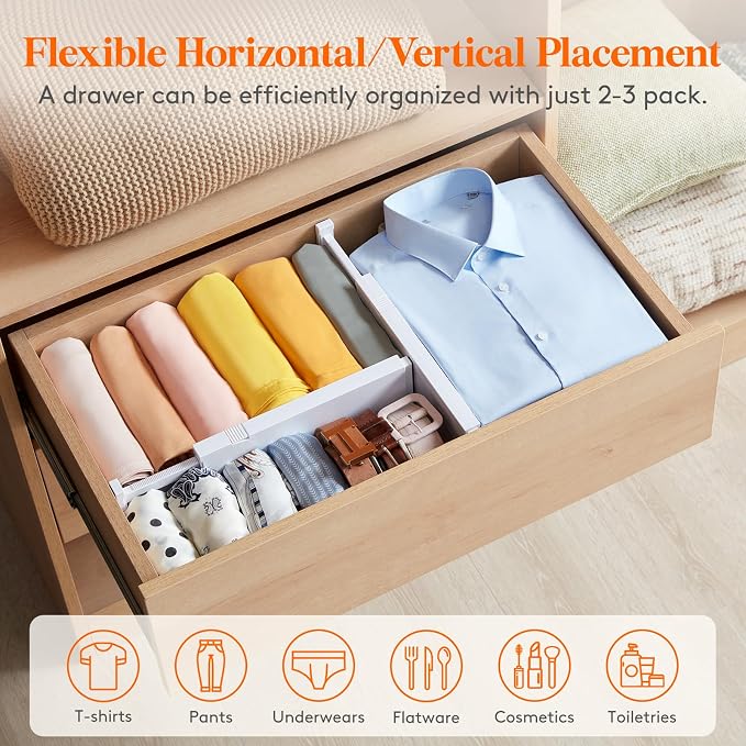 Lifewit 4" High Upgrade Drawer Divider, Adjustable Drawer Organizer Clothes | 4 Pack 11"-17" Expandable White Plastic Drawer Separator for Dresser, Kitchen, Closet, Nursery, Office Organization & Storage - Image 6