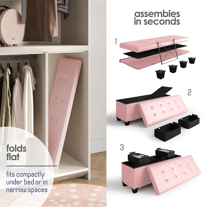 Storage Ottoman Bench with Bins, 43-in Storage Bench for Bedroom End of Bed, Folding Foot Rest Ottoman for Living Room Max 660lbs, Leather Ottomans, Pink - Image 6