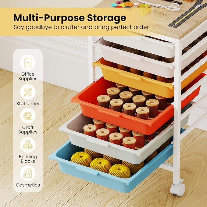GOFLAME 6-Drawer Rolling Storage Cart, Craft Storage Cart with Wooden Tabletop and Lockable Wheels, Art Cart Supply Storage Organizer with Metal Frame for Home Office Classroom, Macaron Color - Image 4