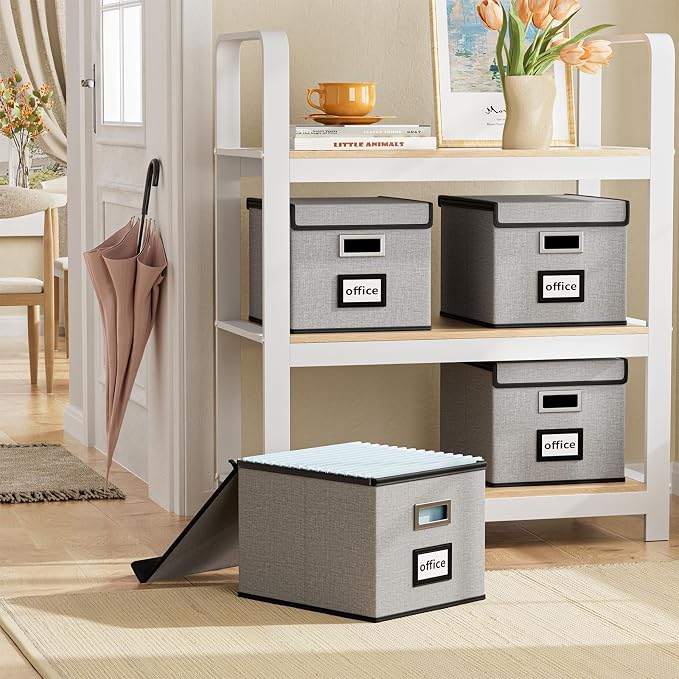 File Organizer Box with Lids, Collapsible File Folder Organizer | File Box with Plastic Slides for Office Document Storage, Filing Bin for Letter Size Hanging File Folders (1 Pack, Gray) - Image 2