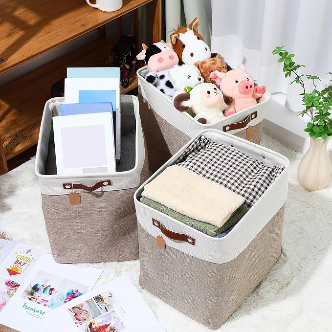 Uiifan 10 Pcs Collapsible Storage Bins Fabric Foldable Storage Basket with Handles Cloth Organizer Linen Shelf Baskets for Shelves Home Closet Nursery Toys(17 x 15 x 12 Inch,Beige and White) - Image 3