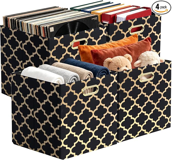 Posprica 11x11x11 Storage Cube Bins, Collapsible Storage Bins Fabric Storage Cubes Organizer Baskets Box Drawers for Shelves, Closet, Wardrobe, Bookshelf, Cabinet (Set of 4, Black/Gold lantern) by Posprica