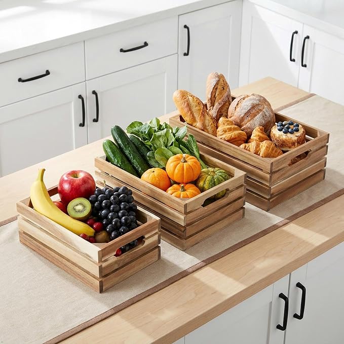 Nesting Wood Storage Crates (Set of 3) - Light Natural Acacia Wood Stackable Wooden Boxes for Storage & Organization - Decorative Wooden Basket Set for Fruits, Shelving & Home Decor - Image 4