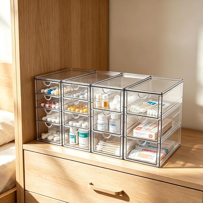 Prsildan Acrylic Desk Organizers with 14 Drawers, Stackable Makeup Storage | Anti-slip Clear Storage Bins, Vanity Organizer for Craft Bead Crayon Nail, Bathroom Kitchen Office Organization, 4 Pack - Image 2