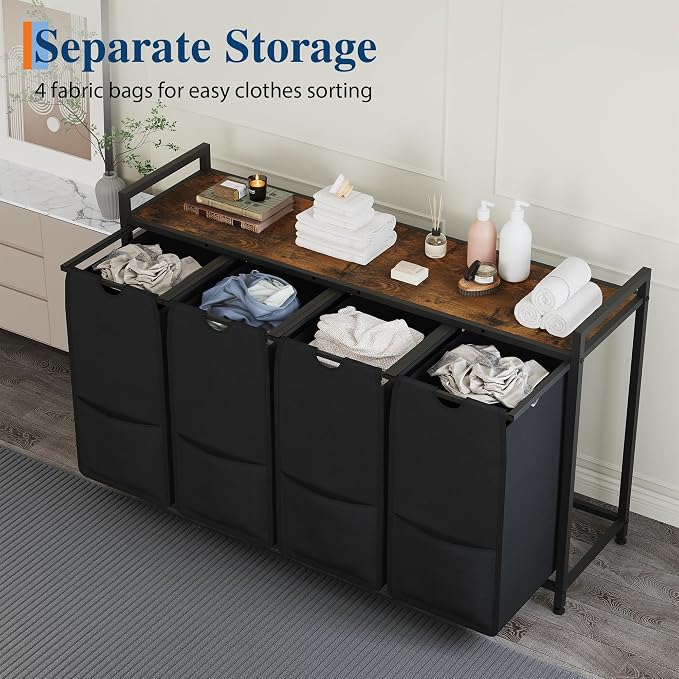 Garvee 194L Laundry Hamper 4 Sections, Rustic Brown + Black | Laundry Basket with Shelf & 4 Removable Bags, Dirty Clothes Basket Organizer for Bathroom Bedroom Room Organization - Image 5