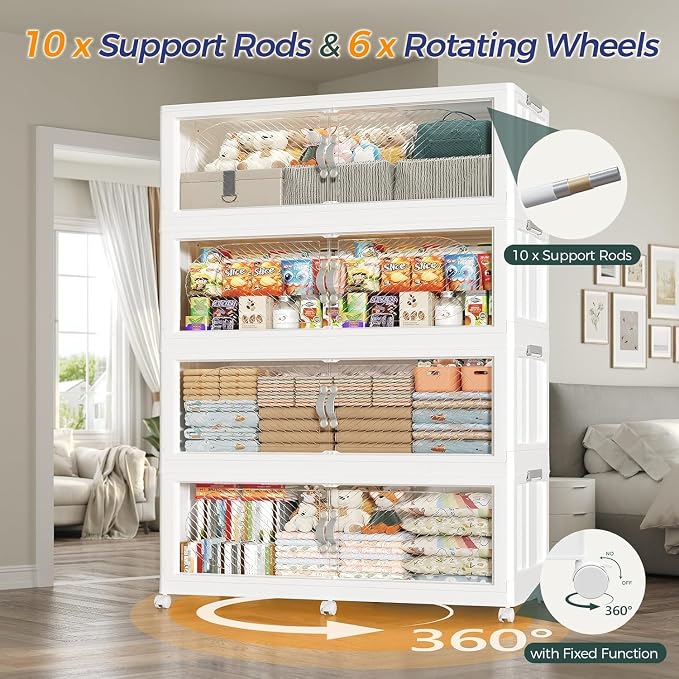 1200QT Extra Large Stackable Storage Bins with Lid, 300Gal Plastic Closet Organizers and Storage Drawer, Collapsible Cabinet Box with Wheels Clear Doors for Home Kitchen Garage, 5Pack White - Image 5