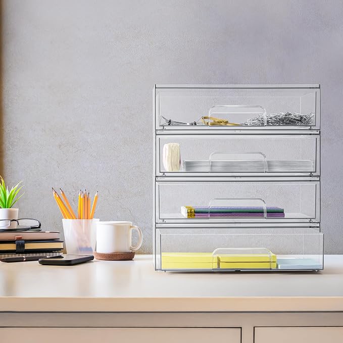 Sorbus Clear Stackable Storage Drawers (4 Pack, 12.1'' Wide) | Acrylic containers with pull-out bins keep cosmetics, brushes and daily items sorted on bathroom counters or in cabinets. - Image 6