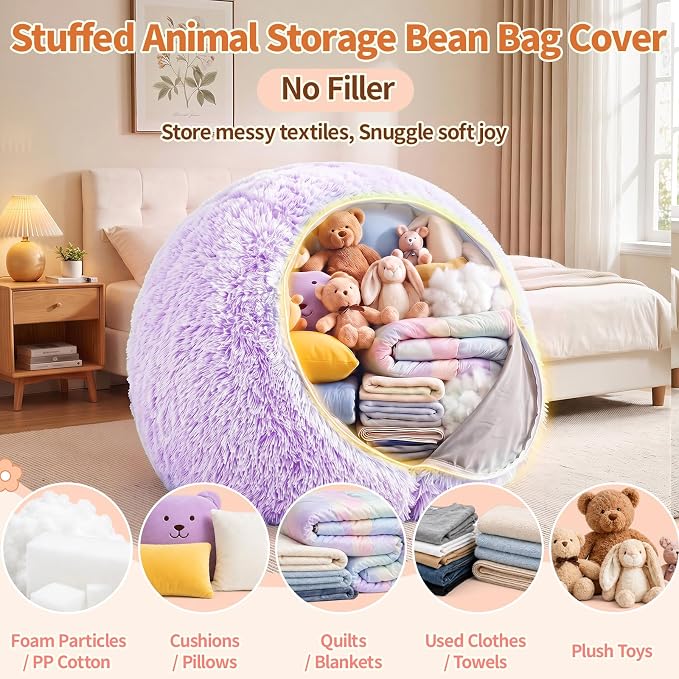 Stuffed Animal Storage Bean Bag Chair Cover, Soft Bean Bag Cover | Fluffy Faux Fur Stuffed Animal Storage Chair, Non-Slip Bottom, Fill with Plush Toys or Blankets, for Adults Teens Kids Girls - Image 3