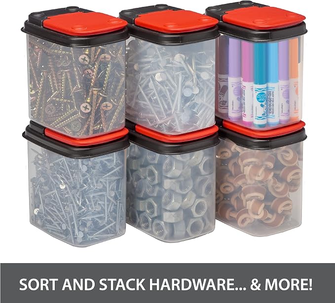 Buddeez Stackable Hardware Storage Bins, 1 Quart, 12-Pack, Red Lids | Clear bins for easy visibility, Stackable lids, Organizes nuts, bolts, screws and small parts, Workshop or garage storage - Image 4