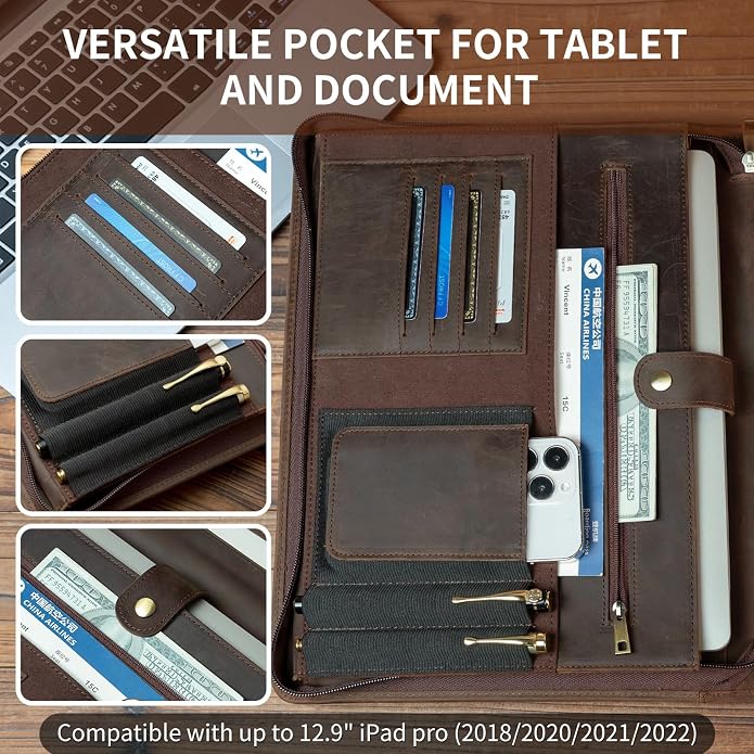 YIWEN Leather Portfolio with Handle, Zippered Front Pocket and Clip - Image 5