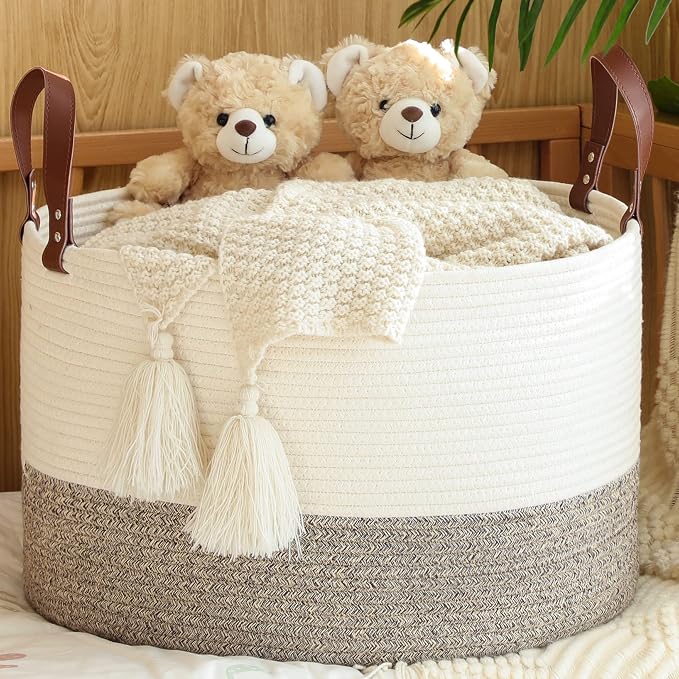 KAKAMAY Large Blanket Basket (20"x13"),Woven Baskets for storage Baby Laundry Hamper,Cotton Rope Blanket Basket for Living Room, Laundry, Nursery, Pillows, Baby Toy chest (White/Beige) | Extra Large Capacity | Natural Cotton Rope | Blanket Storage | Wo... by KAKAMAY