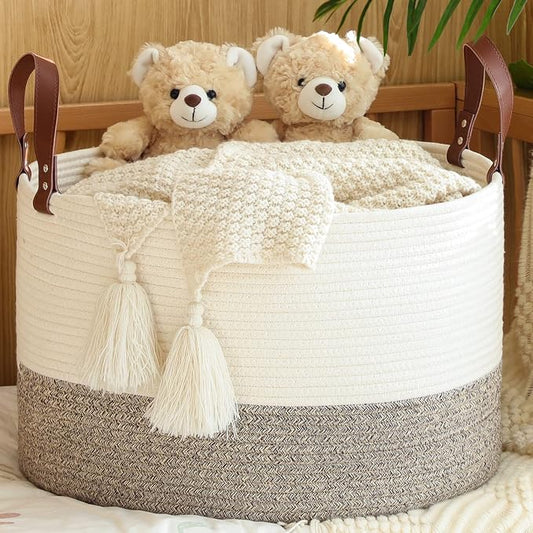 KAKAMAY Large Blanket Basket (20"x13"),Woven Baskets for storage Baby Laundry Hamper,Cotton Rope Blanket Basket for Living Room, Laundry, Nursery, Pillows, Baby Toy chest (White/Beige) | Extra Large Capacity | Natural Cotton Rope | Blanket Storage | Wo... by KAKAMAY