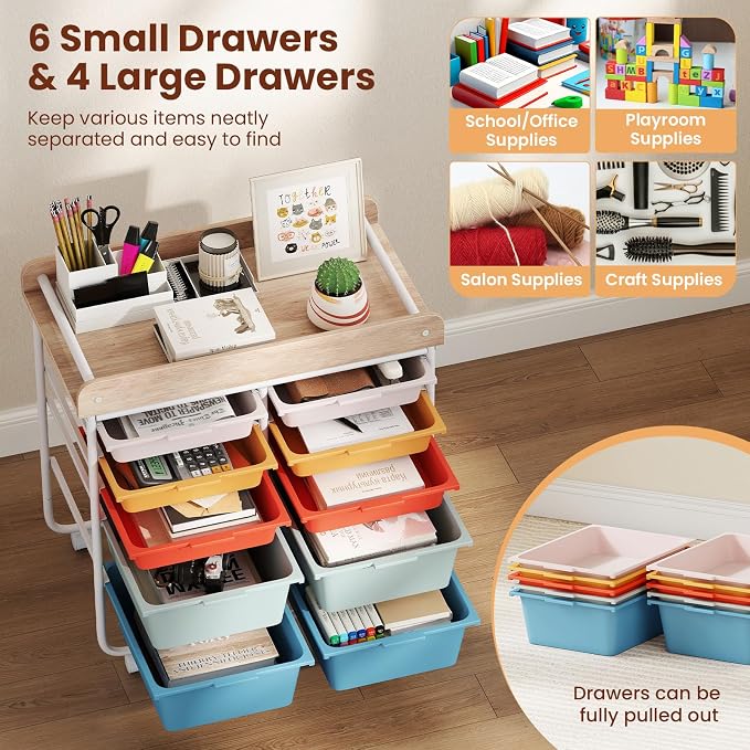 Giantex Rolling Storage Cart with 10 Drawers, Utility Cart w/Wooden Tabletop, Handle, Lockable Wheels, Multipurpose Organizer for Art Craft Scrapbooks Paper, Drawer Carts for School Office, Macaron - Image 6