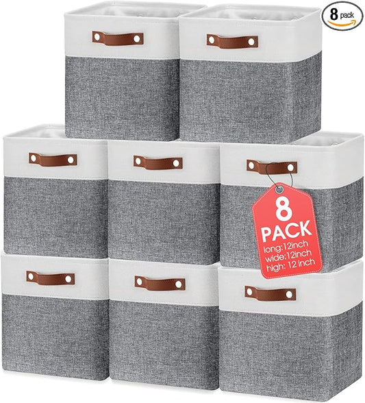 Uiifan 8 Pack 12 x 12 x 12 Inch Large Storage Baskets Collapsible Fabric Storage Cubes Bins with Handles for Shelves Closets Nursery Home Clothes Toys Organizers, Gray by Uiifan