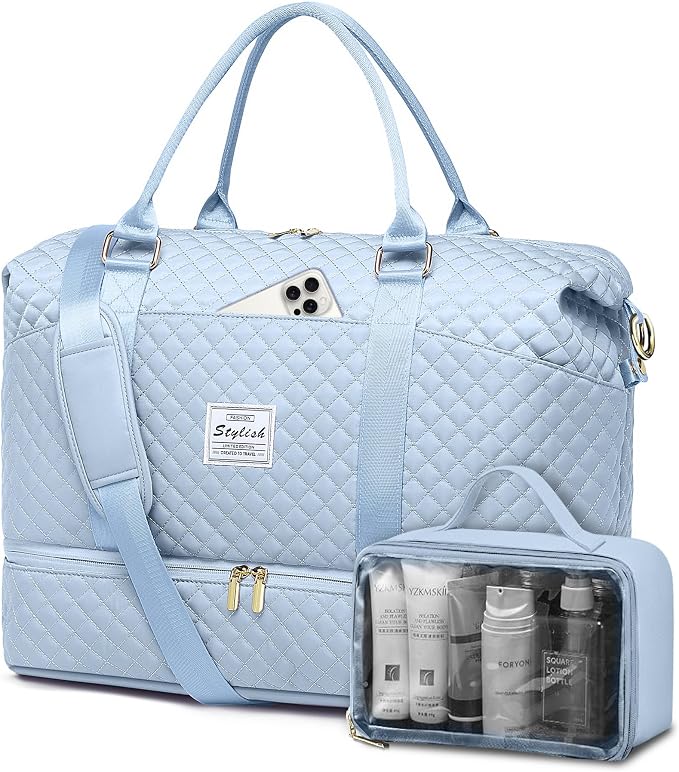 Travel Overnight Bag Weekender Bags- Duffle Bags Women with Shoe Compartment Carry on Overnight Bag with Toiletry Gym Duffel with Wet Pocket Hospital Bags Light Blue by FIUAIE