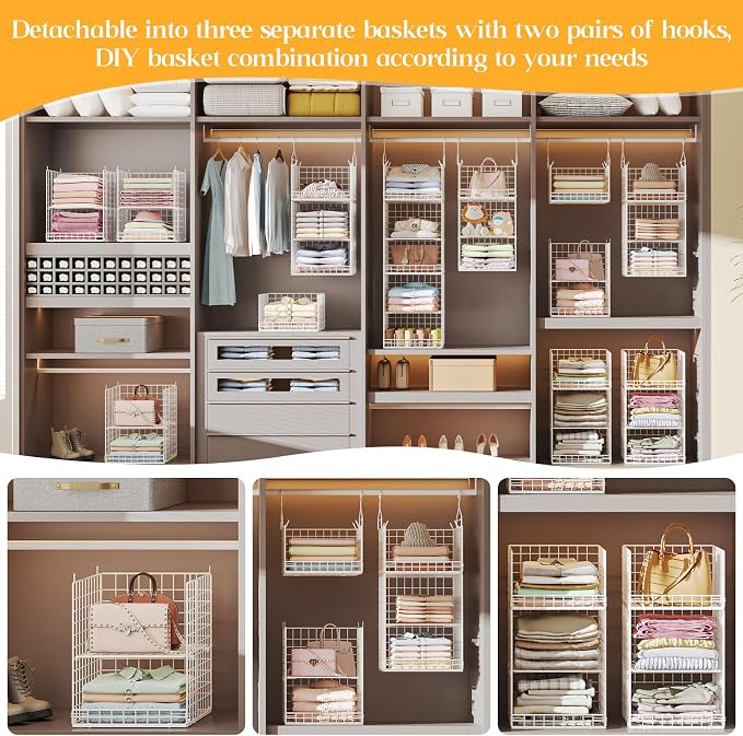 Yuyetuyo ﻿5 Tier Hanging Closet Organizer Separable Hanging Closet Shelves with 4 Hooks 2 Adjustable Dividers, Wire Storage Basket Bins for Clothing Sweaters Socks Dolls Handbags, Foldable - Image 6