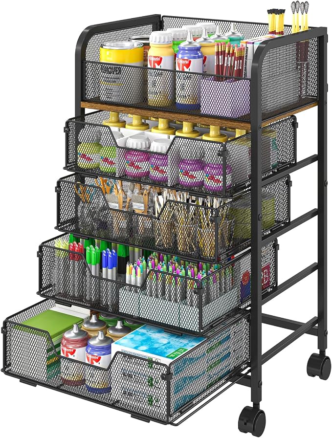 Yociyoga 5-Tier Craft Cart with Wheels-Rolling Storage Cart with Drawers,Rolling Utility Cart with DIY Divider,Art Supply Organizer Cart,Rolling Cart with Drawers,Craft Organizers and Storage,Black by FollowWithYociyogaTogether