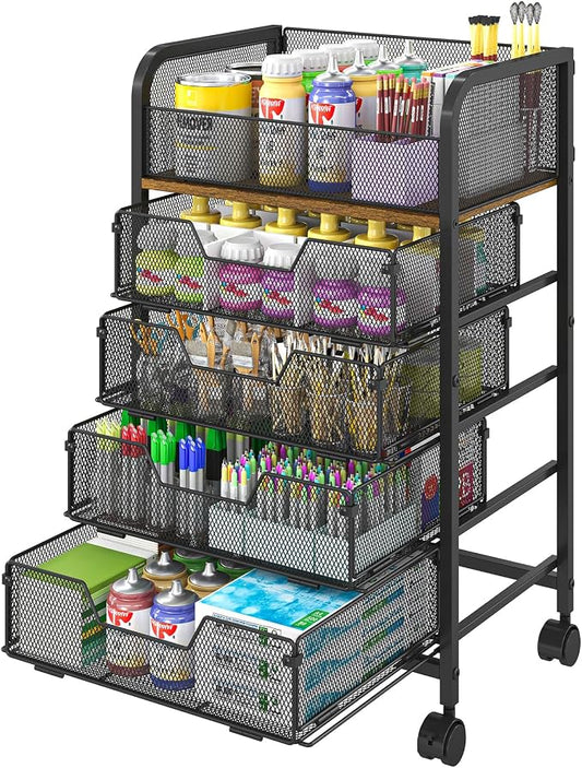 Yociyoga 5-Tier Craft Cart with Wheels-Rolling Storage Cart with Drawers,Rolling Utility Cart with DIY Divider,Art Supply Organizer Cart,Rolling Cart with Drawers,Craft Organizers and Storage,Black by FollowWithYociyogaTogether