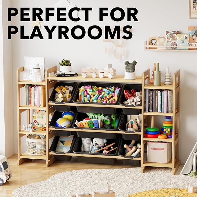 SpaceAid Large Toy Storage Organizer 9 Shelves 9 Bins, Toy Organizers Storage Bookshelf, Kids Bin Shelf Toys Box Bookcase for Bedroom Playroom Organization Room Decor, Neutral Gray - Image 5