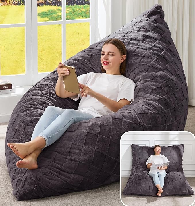 Hobestluk Adult Bean Bag Chair 3 in 1 Convertible Large Bean Bag Sofa | Plaid Dark Grey,Machine Washable,Removable Cover,Easy Convert And Install,Floor Bed,For Livingroom Bedroom by YourHomeDeservesMore