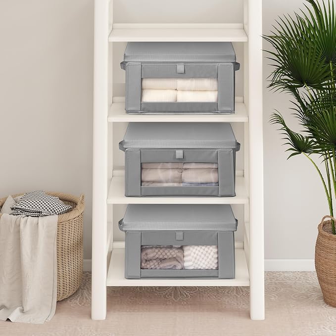 Thick Fabric Storage Bins with Lids, Collapsible Storage Box Closet Shelf with Clear Window, Decorative Baskets for Clothes, 3 Set, Grey, Medium - Image 6
