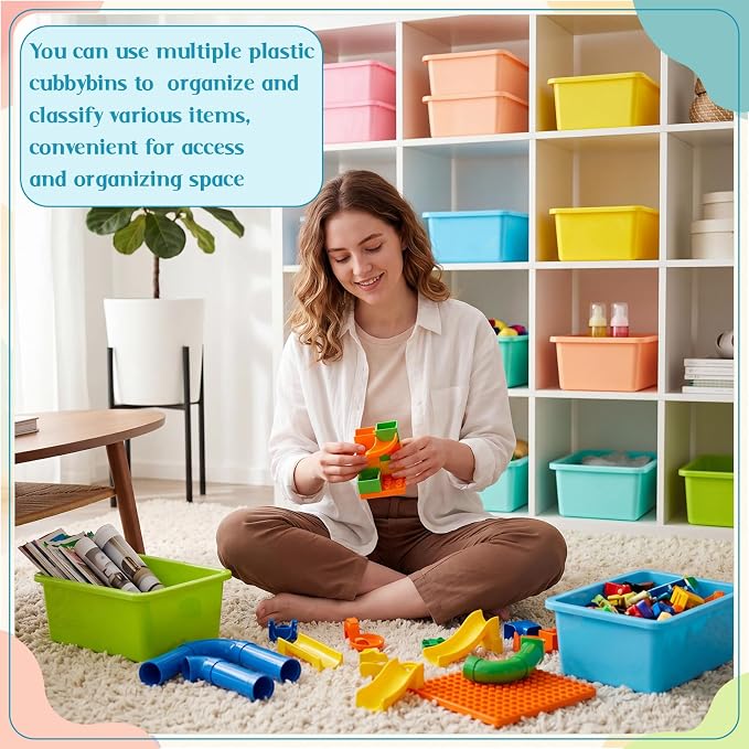Thyle 12 Pieces Plastic Cubby Bins with Labels Classroom Book Bins Stackable Storage Container Durable Toy Storage Organizer Baskets for School Classroom Office (Classic,Light Color) - Image 6