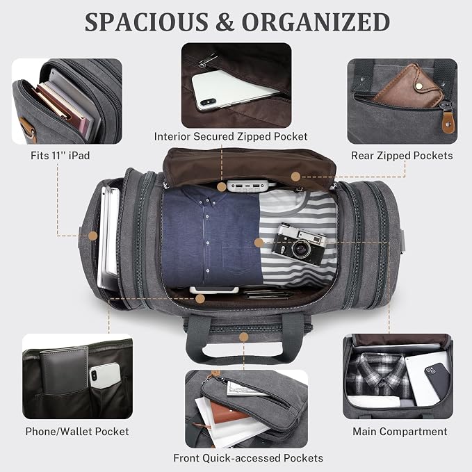 Gonex Canvas Duffle Bag, Expandable 50L Travel Overnight Weekender Bag | for Men, Multiple Pockets, Carry-On Size, Durable Zippers, Detachable Strap, Gray - Image 4