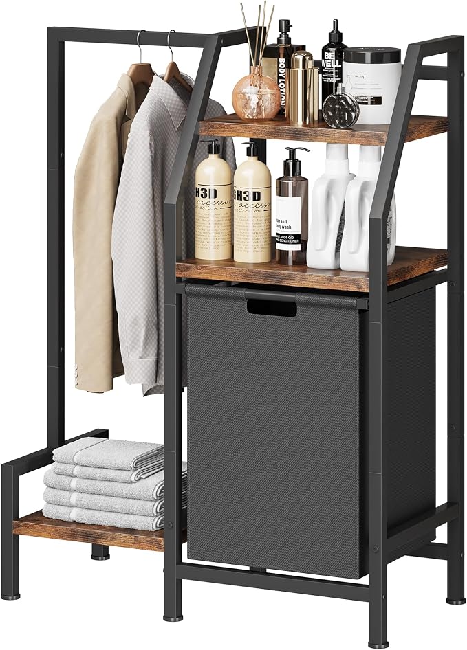 Laundry Hamper with Hanging Rack and 3 Shelves, Large Laundry Storage Basket, 3-in-1 Vertical Laundry Sorter, Laundry Room Organizer Storage for Small Spaces - Image 6