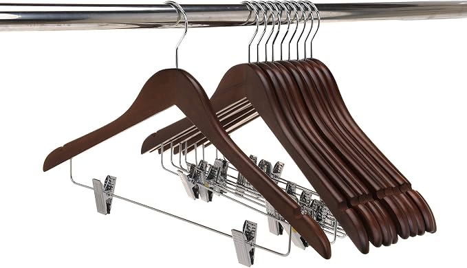 Quality Wooden Skirt Hangers with Clips, 10-Pack Smooth Solid Wood Pants Hangers with Durable Adjustable Metal Clips, Swivel Hook, Coat, Jacket, Blouse Suit Hangers (Walnut - Chrome Hook, 10) - Image 5