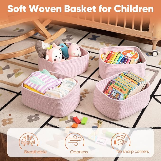 OIAHOMY 4 Pack 14.17 * 11.02 * 6.3IN Storage Baskets for Organizing Shelves, Woven Rope Baskets for Organizing Books, Clothes, Decorative Basket for Living Room, Nursery, Bedroom, Gift Basket, Pink - Image 4