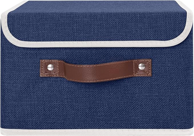 ANMINY Fabric Storage Box Bins with Lids, Blue, 10"x8"x7" | Keepsake Memory Storage, Cotton Linen, PP Board Reinforced, Washable, PU Handles, Foldable & Stackable, Decorative, Small - Image 2