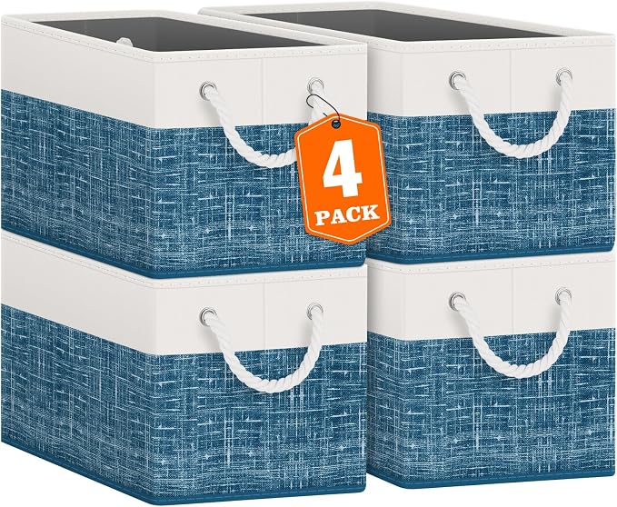 Storage Bins 4-Pack, Foldable Storage Baskets for Organizing Toys, Books, Shelves, Closet, Large Storage Box with Rope Handles, Sturdy Organizer Bins, White & Blue by Fabtotes